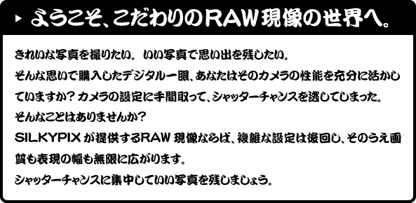 ようこそ、こだわりのRAW現像の世界へ。