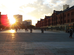 ビルの間に沈みゆくオレンジ色の夕日。